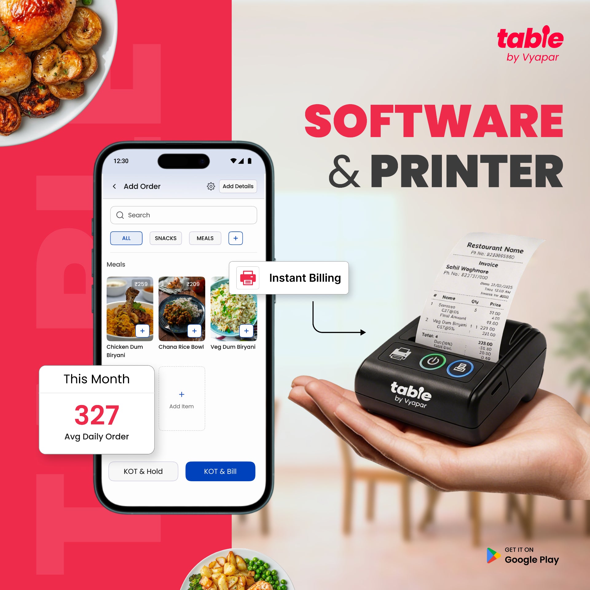 Vyapar Table Restaurant Billing Machine – 2" Thermal Printer + Software | Bluetooth/USB | Fast Billing | 1-Year Warranty